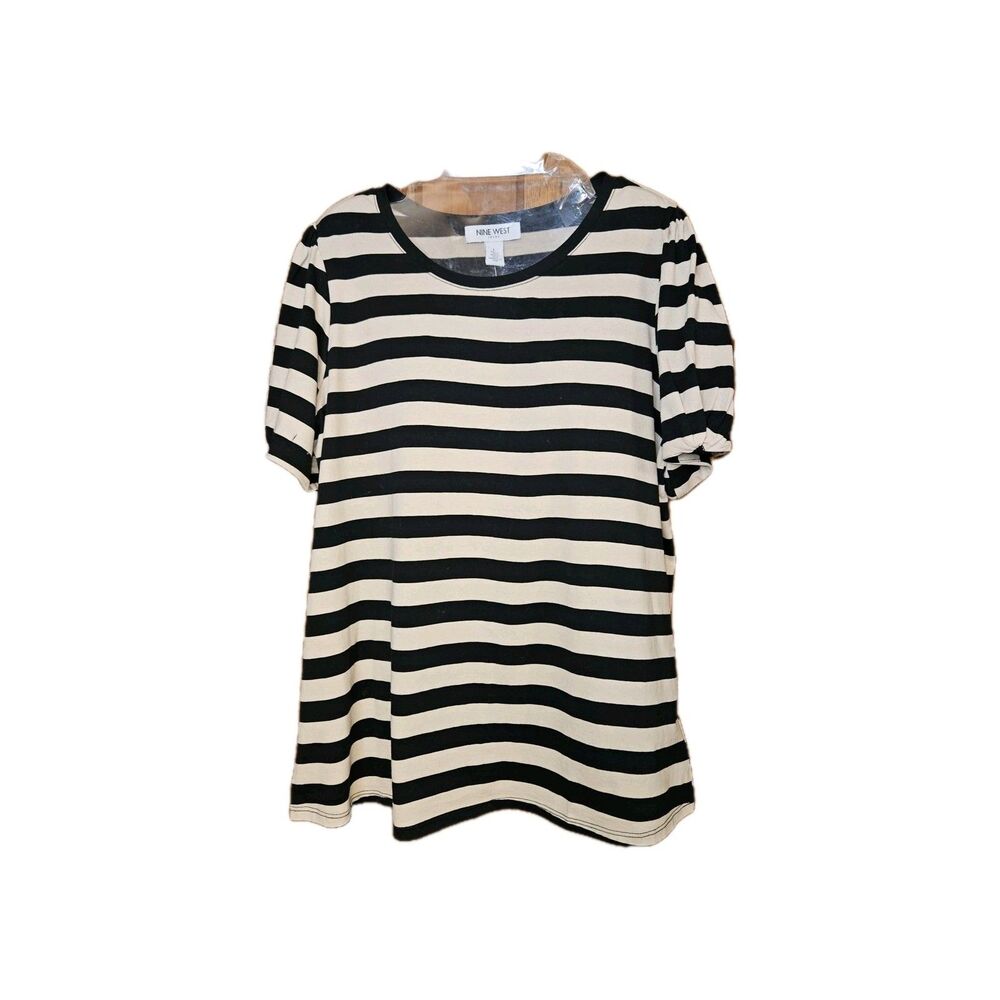 NWT Nine West 100% Cotton Striped Puff Sleeve‎ Blouse | Black & Tan